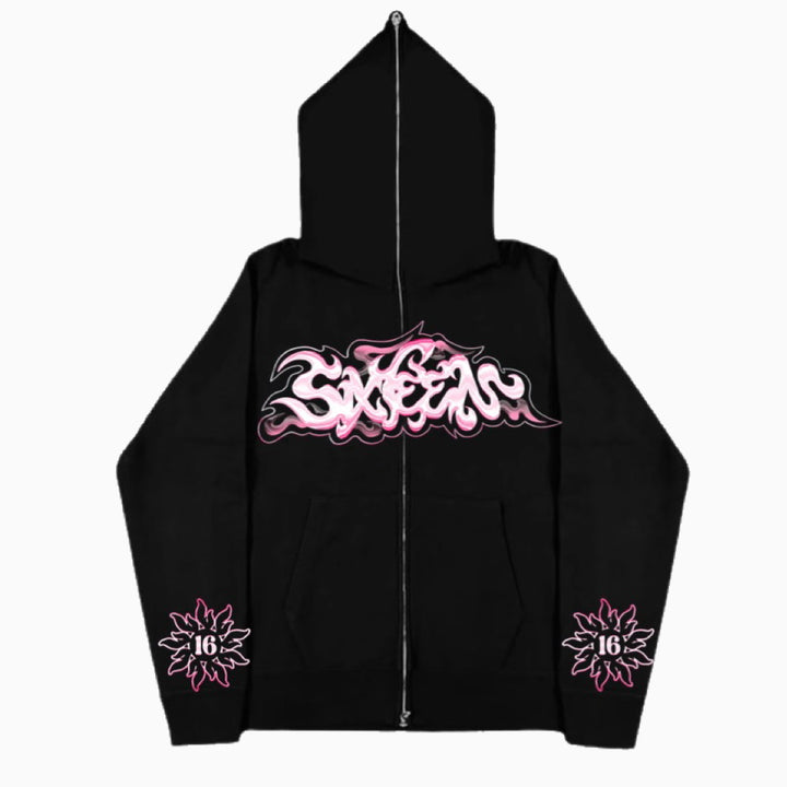 black & pink sixteen zip-up